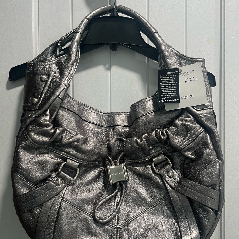 B. Makowsky Silver Hobo Bag with Slouchy Design